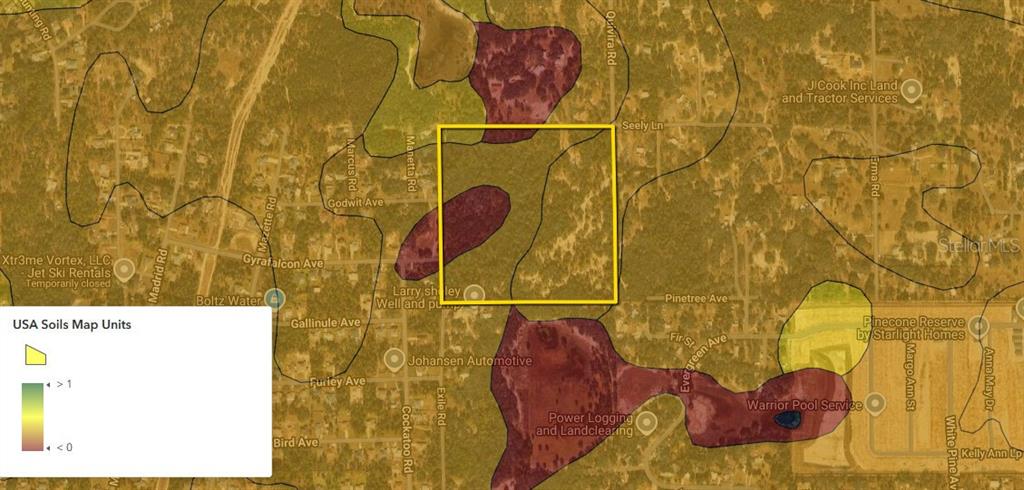 This is a map showing soil unit classifications overlaid on a satellite view of land — 11488 SEELY LANE, BROOKSVILLE, FL