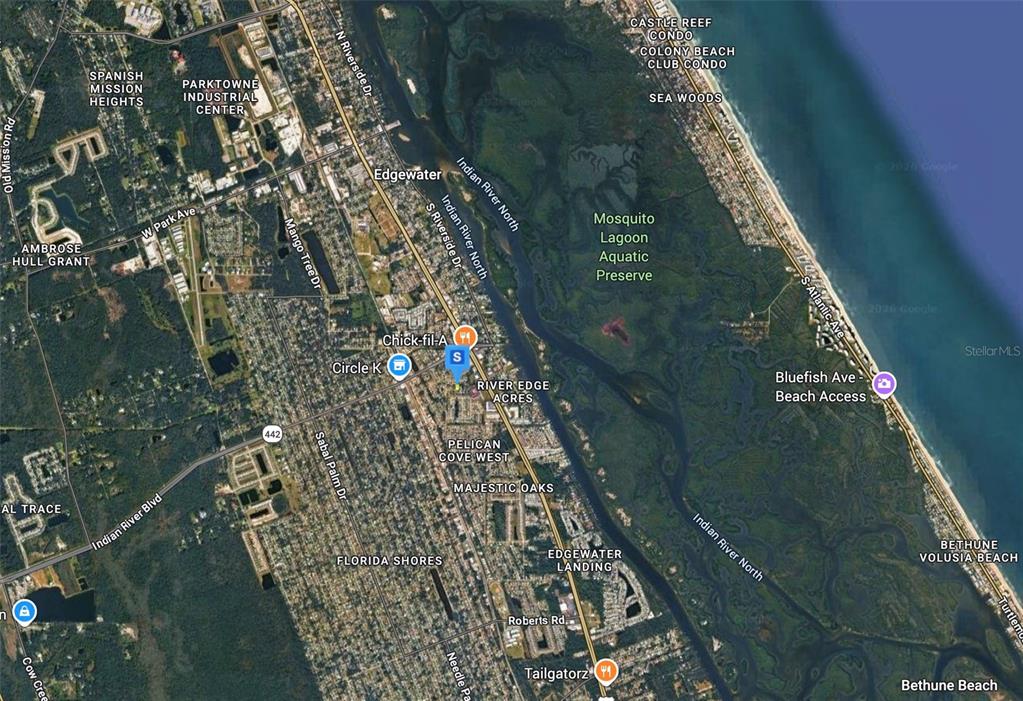 This is an aerial map showing the Edgewater, Florida area near the Indian River — 213 PINE AVENUE, EDGEWATER, FL