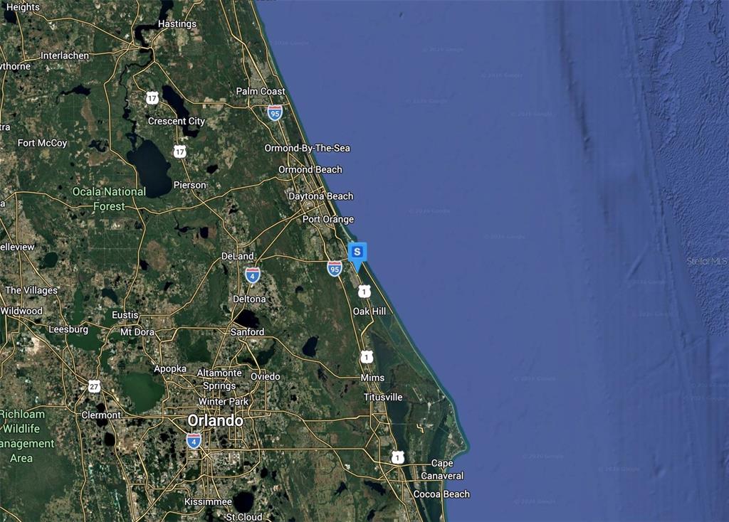 This is a satellite map showing the central east coast of Florida, including Orlando — 213 PINE AVENUE, EDGEWATER, FL