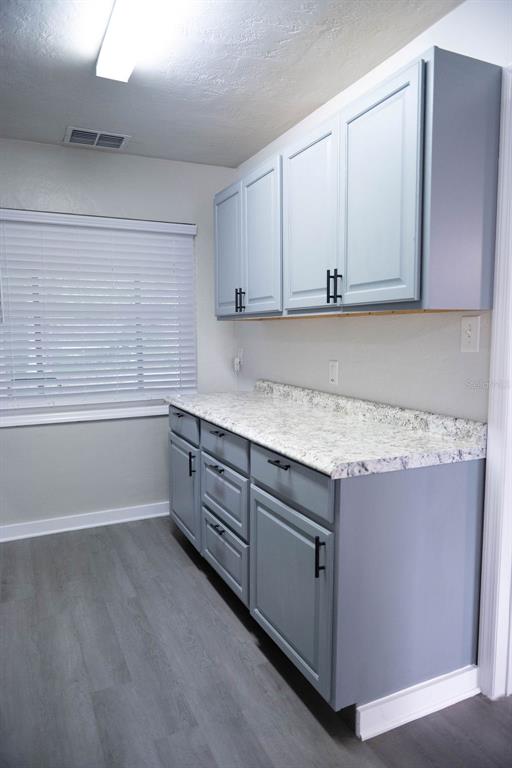 A kitchen area features light blue cabinets, a granite countertop, and gray wood-look flooring — 5480 70TH LANE N, ST PETERSBURG, FL