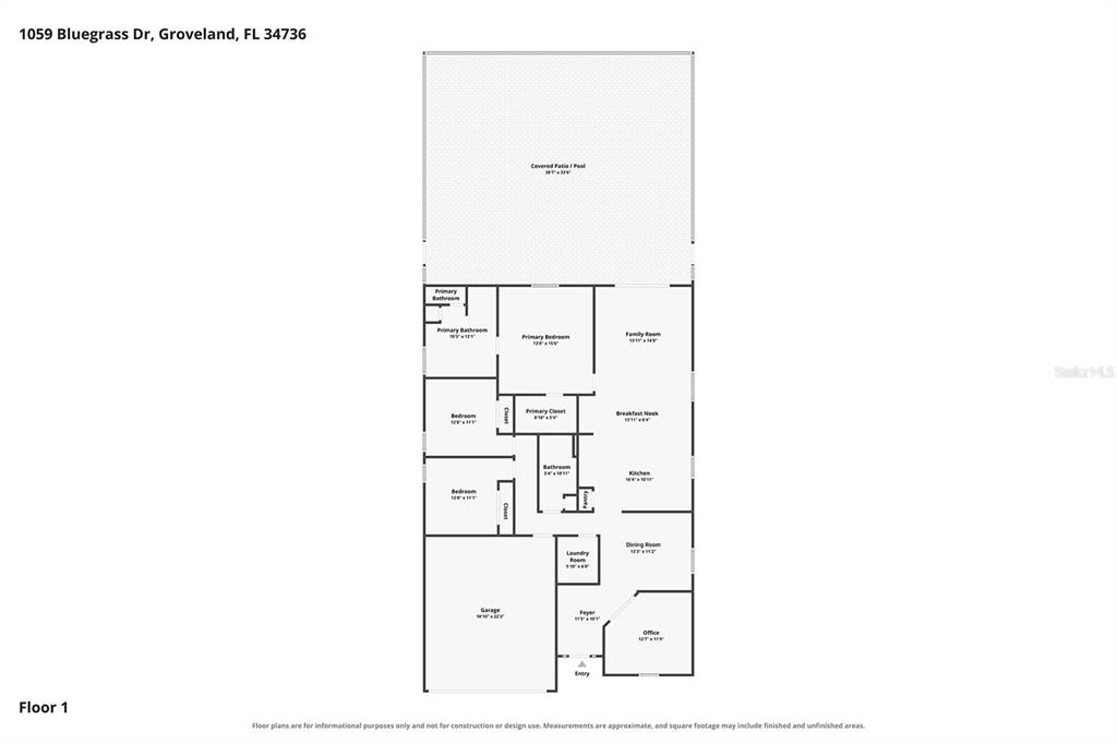 This is a floor plan for a single-story residential home with a garage and pool — 1059 BLUEGRASS DRIVE, GROVELAND, FL