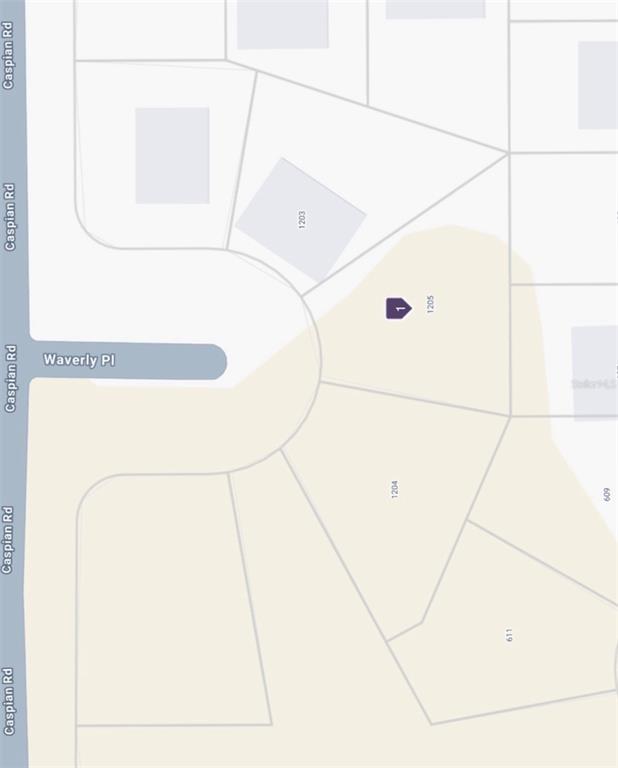 This is a map showing property lot lines and street layouts for a residential neighborhood — 1205 WAVERLY PLACE, KISSIMMEE, FL