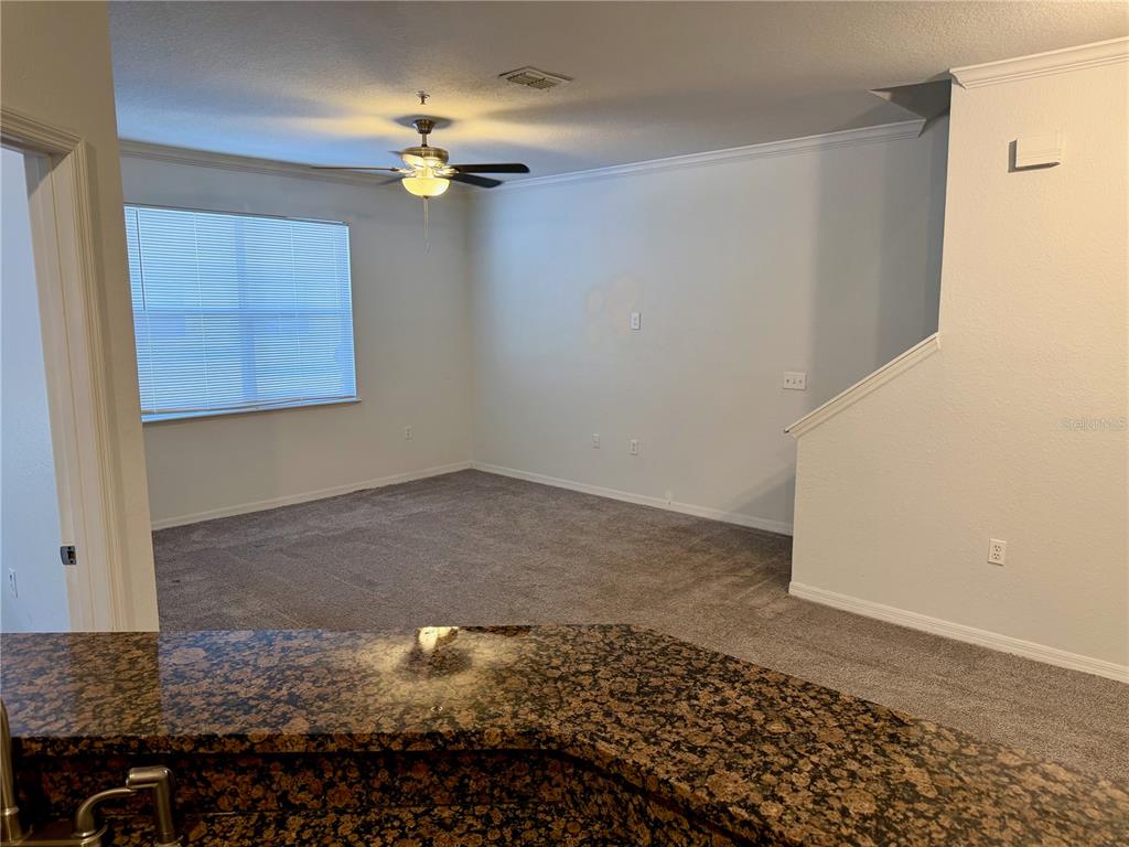 A carpeted living room features a ceiling fan and a window with blinds — 3011 LEGACY VILLAS DRIVE UNIT 3011, MAITLAND, FL