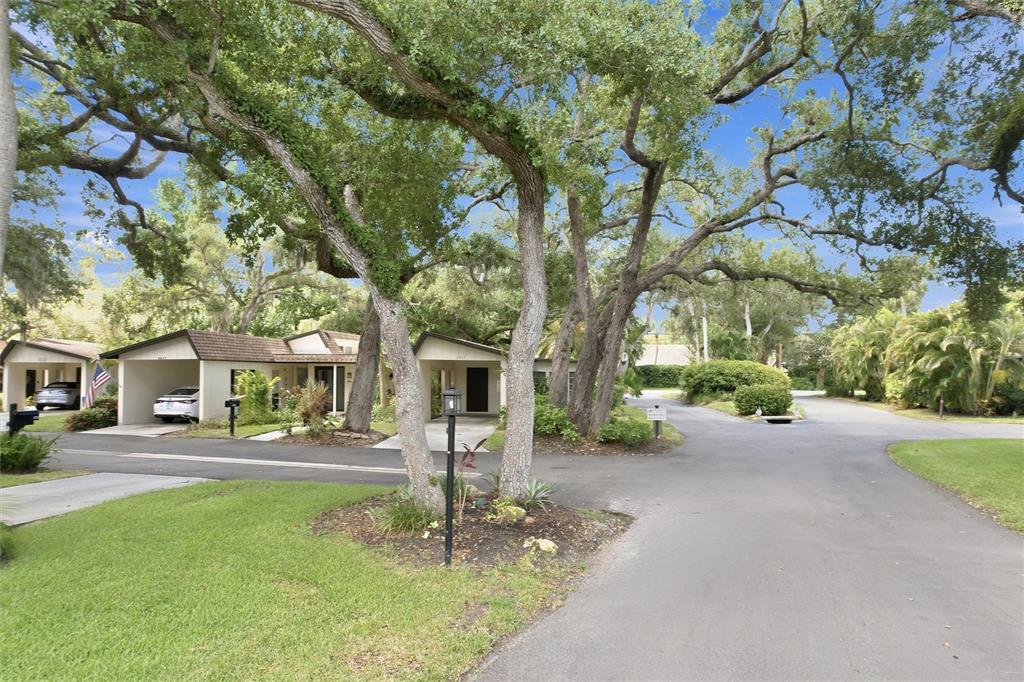 A view of two single-story residential buildings with carports shaded by large oak trees — 6947 WOODWIND DRIVE UNIT 77, SARASOTA, FL