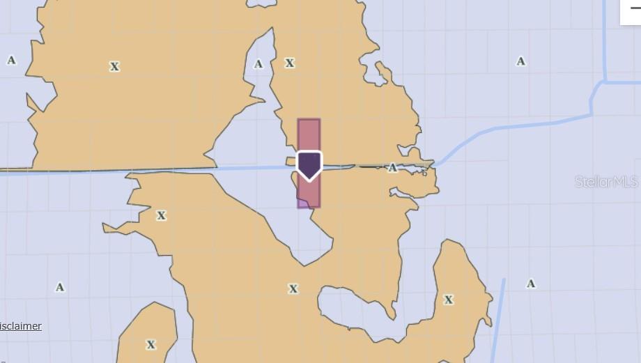 This is a flood zone map showing a property location marked by a purple pin — NO ADDRESS, DELAND, FL