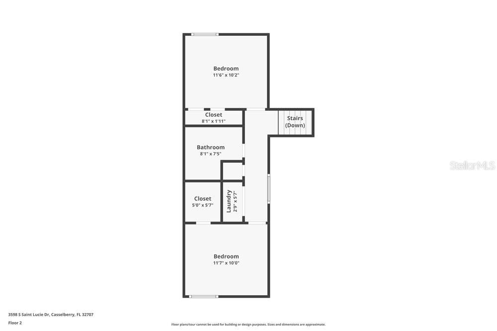 This is a floor plan of a second-story layout featuring two bedrooms, a bathroom, and laundry — 3598 S SAINT LUCIE DRIVE, CASSELBERRY, FL