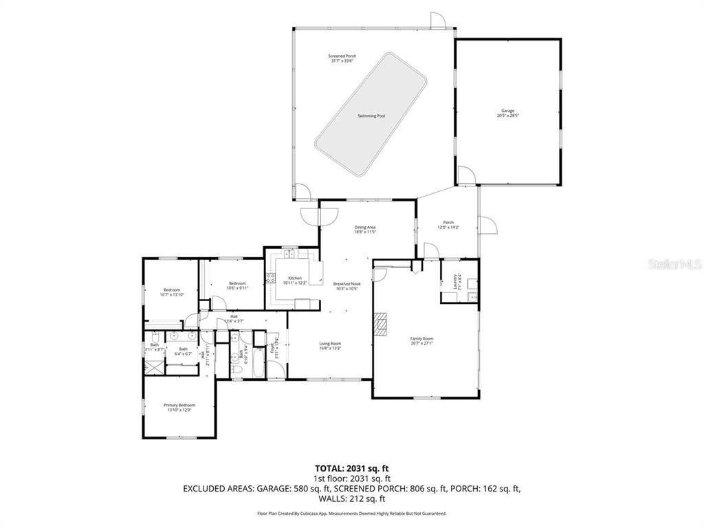 This is a floor plan of a single-story house featuring a swimming pool and garage — 10629 SE 51ST AVENUE, BELLEVIEW, FL