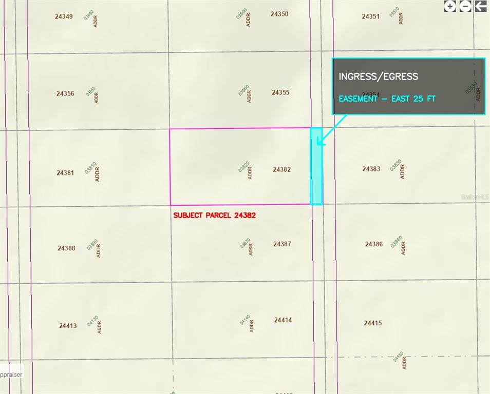 This is a property map highlighting a subject parcel and an adjacent ingress/egress easement — DILL ROAD, ORLANDO, FL