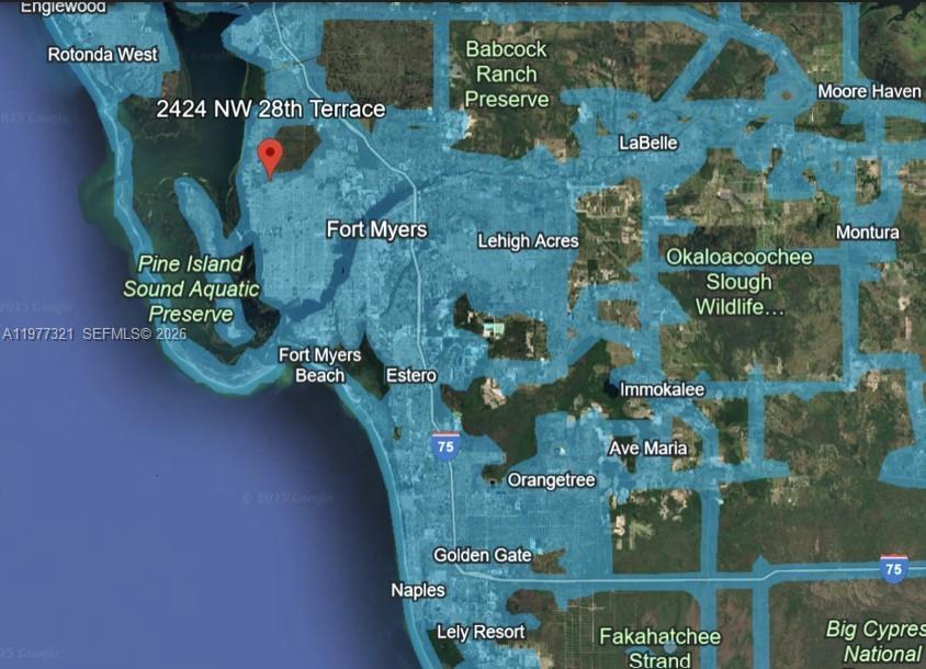 This map shows a property location in Southwest Florida with blue flood zone overlays — 2424 NW 28, Cape Coral FL 33993, CAPE CORAL, FL
