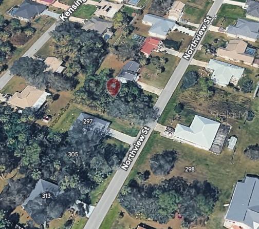 This is an aerial view of a residential lot with a house and surrounding trees — 289 NORTHVIEW STREET, PORT CHARLOTTE, FL