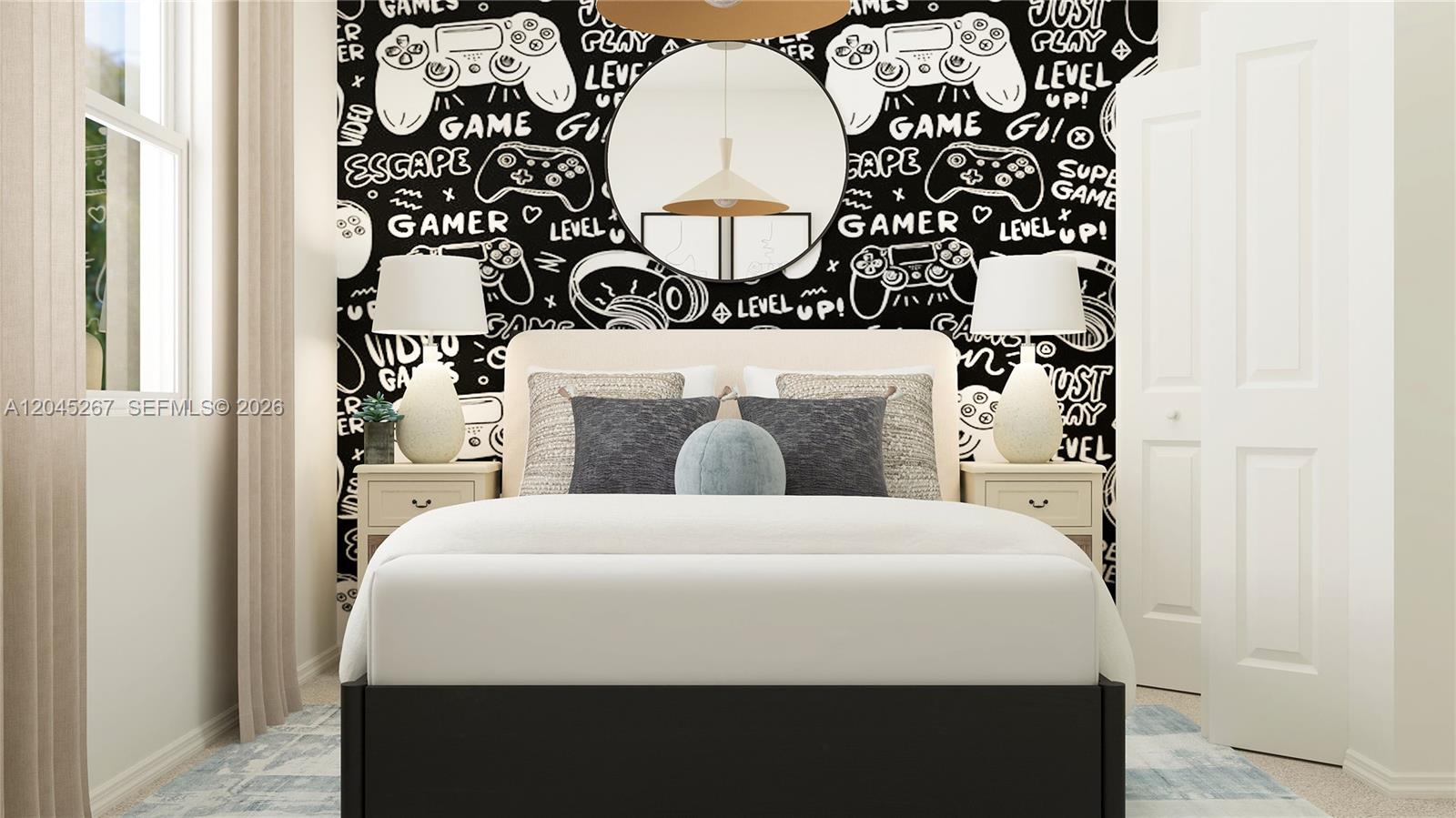 This bedroom features a bed centered against a wall with gaming-themed wallpaper — 1124 SE 3 ST, Florida City FL 33035, FLORIDA CITY, FL