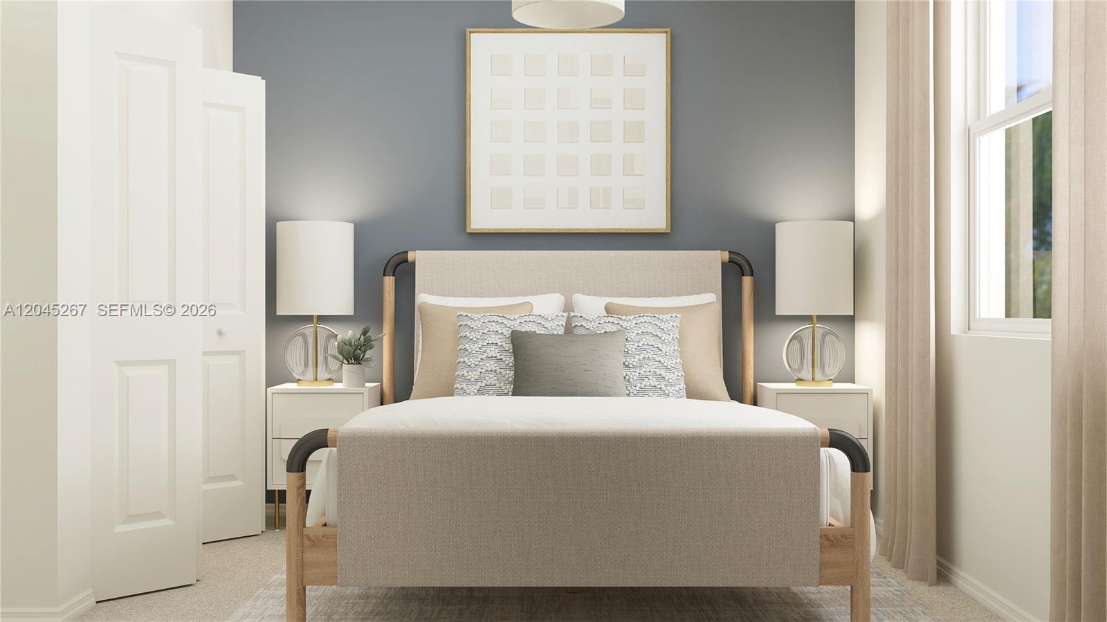 This is a digital rendering of a bedroom featuring a bed with a neutral headboard — 1124 SE 3 ST, Florida City FL 33035, FLORIDA CITY, FL