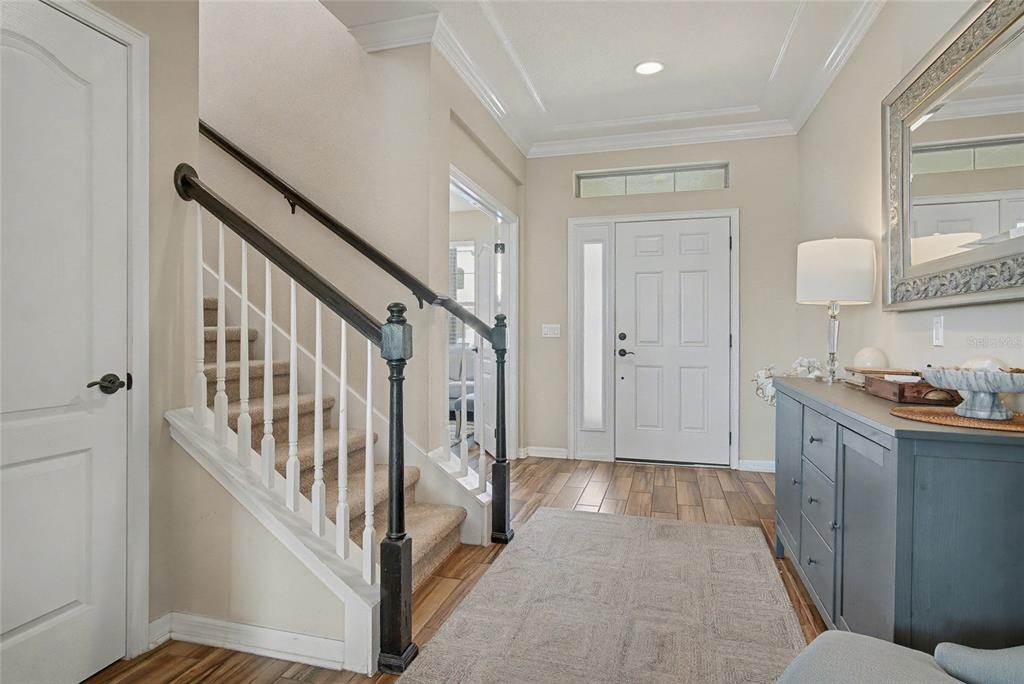 An entryway features a carpeted staircase with a dark railing, wood flooring, and a console table — 1244 GATEWOOD AVENUE, MINNEOLA, FL