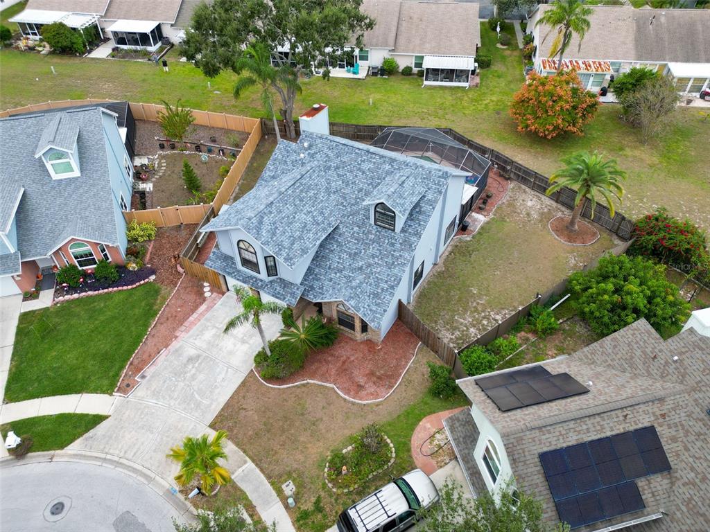 The exterior of a two-story house with light blue siding, a screened-in pool, and yard — 3177 MONTROSE PLACE, PALM HARBOR, FL