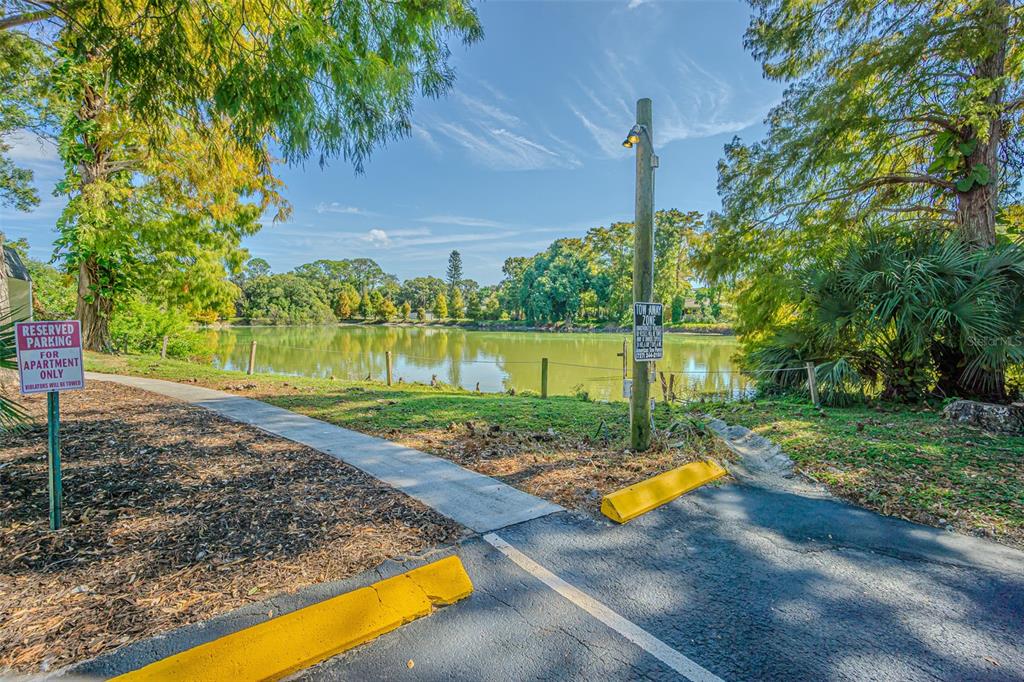 A paved parking space overlooks a pond surrounded by trees and greenery — 556 CLEARWATER LARGO ROAD N UNIT D, LARGO, FL