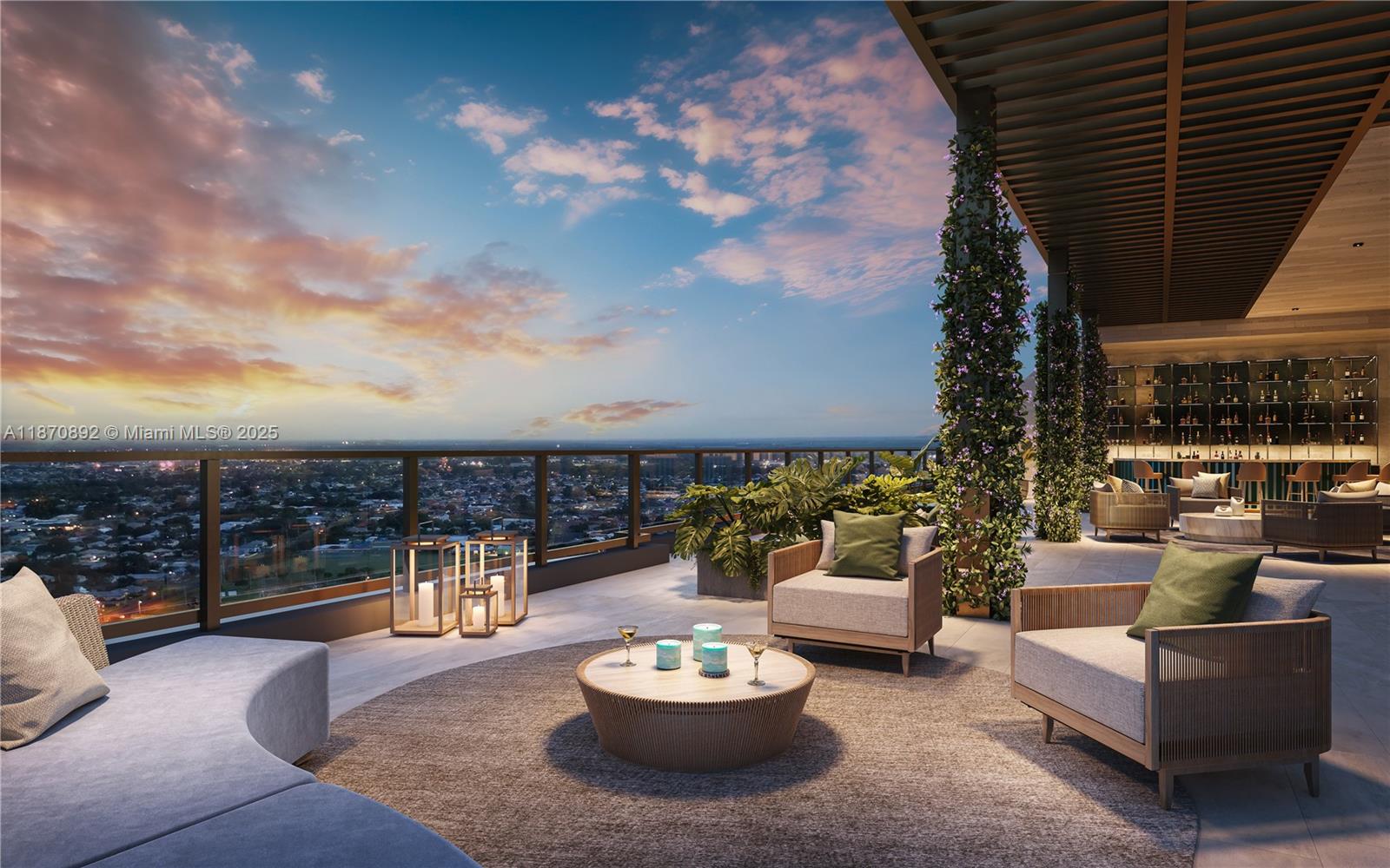 This architectural rendering shows a luxury outdoor terrace lounge with seating, plants, and city views — 1817 Taylor # 1211, Hollywood FL 33020, HOLLYWOOD, FL