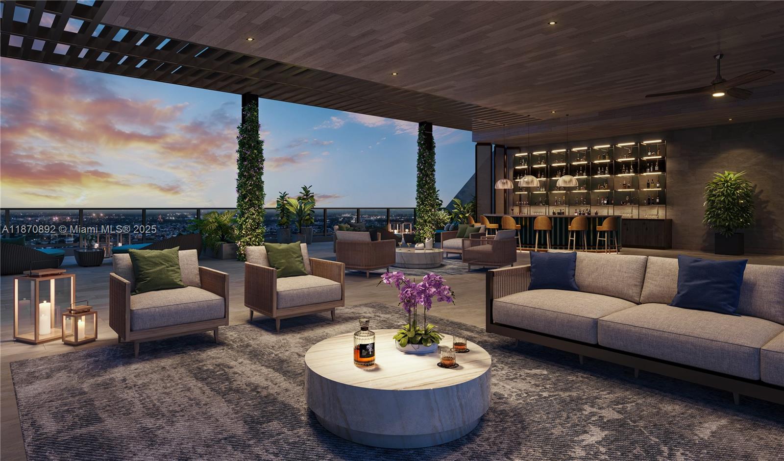 This rendering shows a modern outdoor rooftop lounge with a bar, seating areas, and city views — 1817 Taylor # 1211, Hollywood FL 33020, HOLLYWOOD, FL