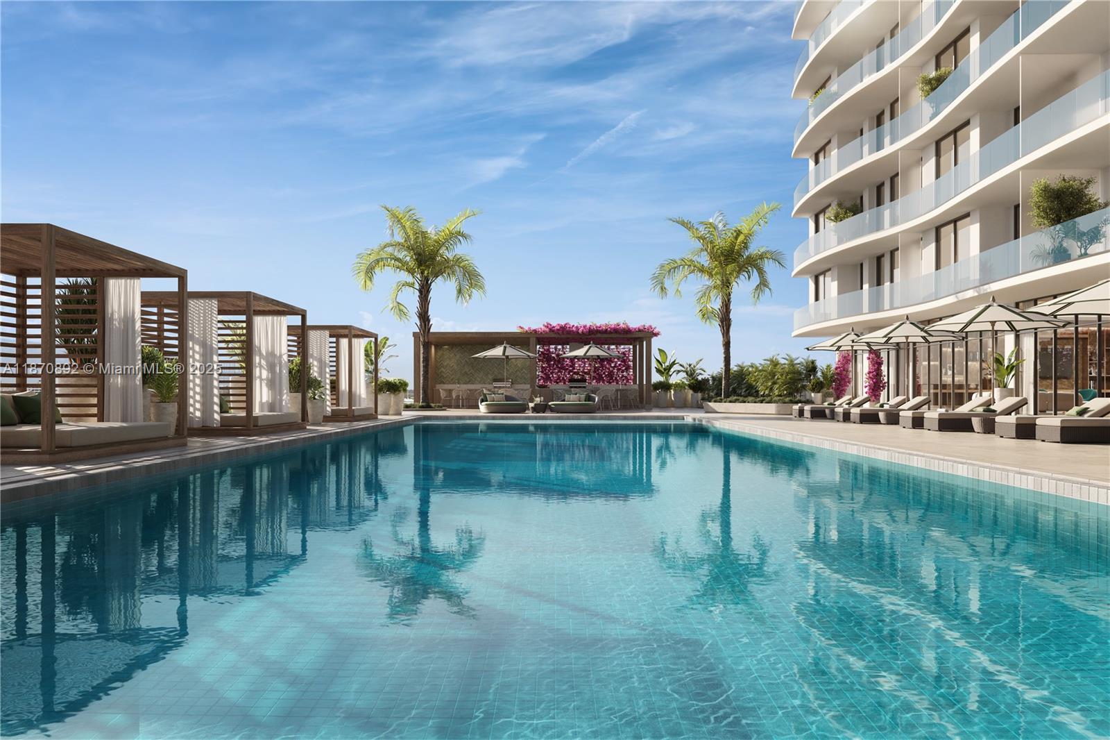 This rendering shows a swimming pool area with cabanas, lounge chairs, and a modern building — 1817 Taylor # 1211, Hollywood FL 33020, HOLLYWOOD, FL
