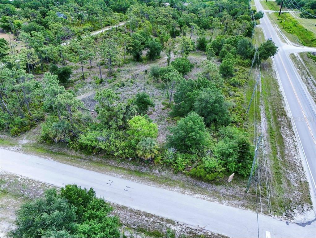 An aerial view shows a wooded, undeveloped rectangular lot bordered by two paved roads — 29305 HAZELWOOD DRIVE, PUNTA GORDA, FL