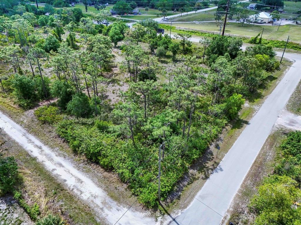 An aerial view shows a vacant, wooded corner lot bordered by two paved roads — 29305 HAZELWOOD DRIVE, PUNTA GORDA, FL