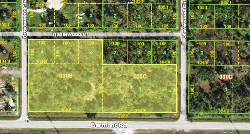 This is a map showing two adjacent vacant land parcels labeled 000B and 000C — 29305 HAZELWOOD DRIVE, PUNTA GORDA, FL
