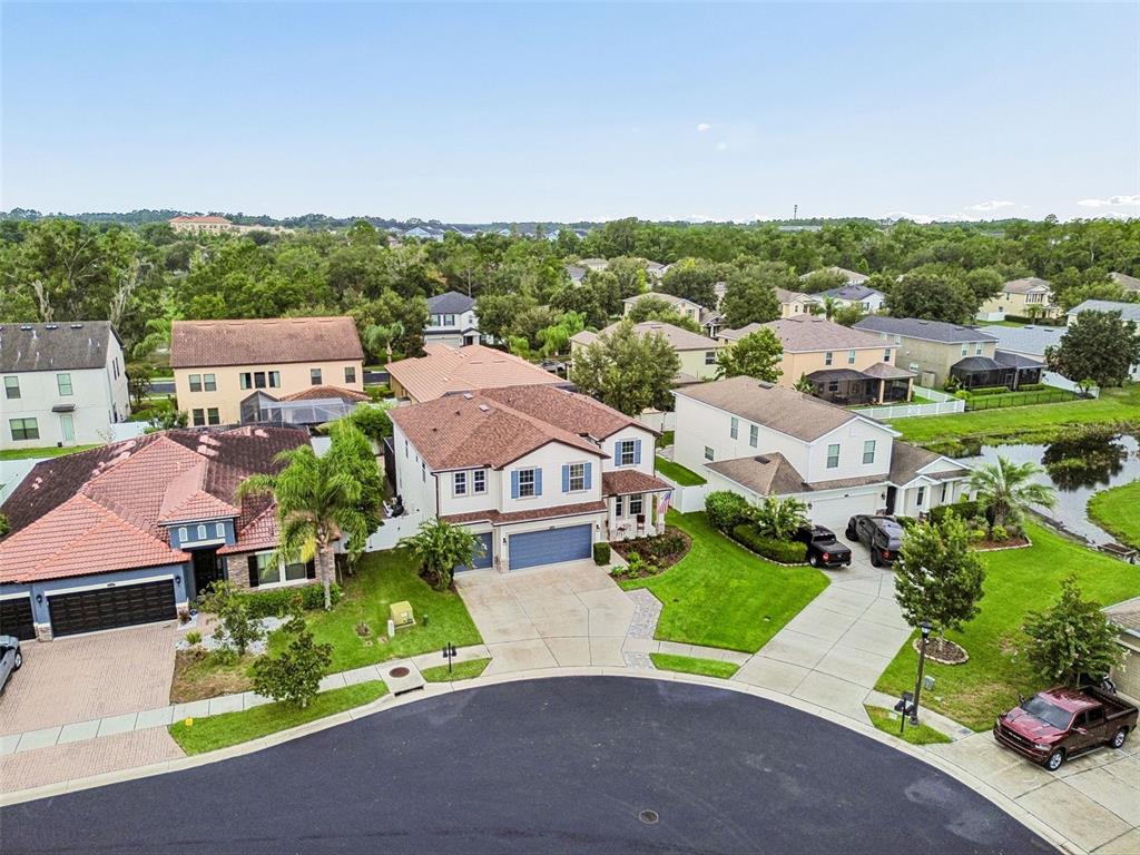 An aerial view shows suburban houses with tiled roofs, driveways, and green lawns — 23958 TERRACINA COURT, LAND O LAKES, FL
