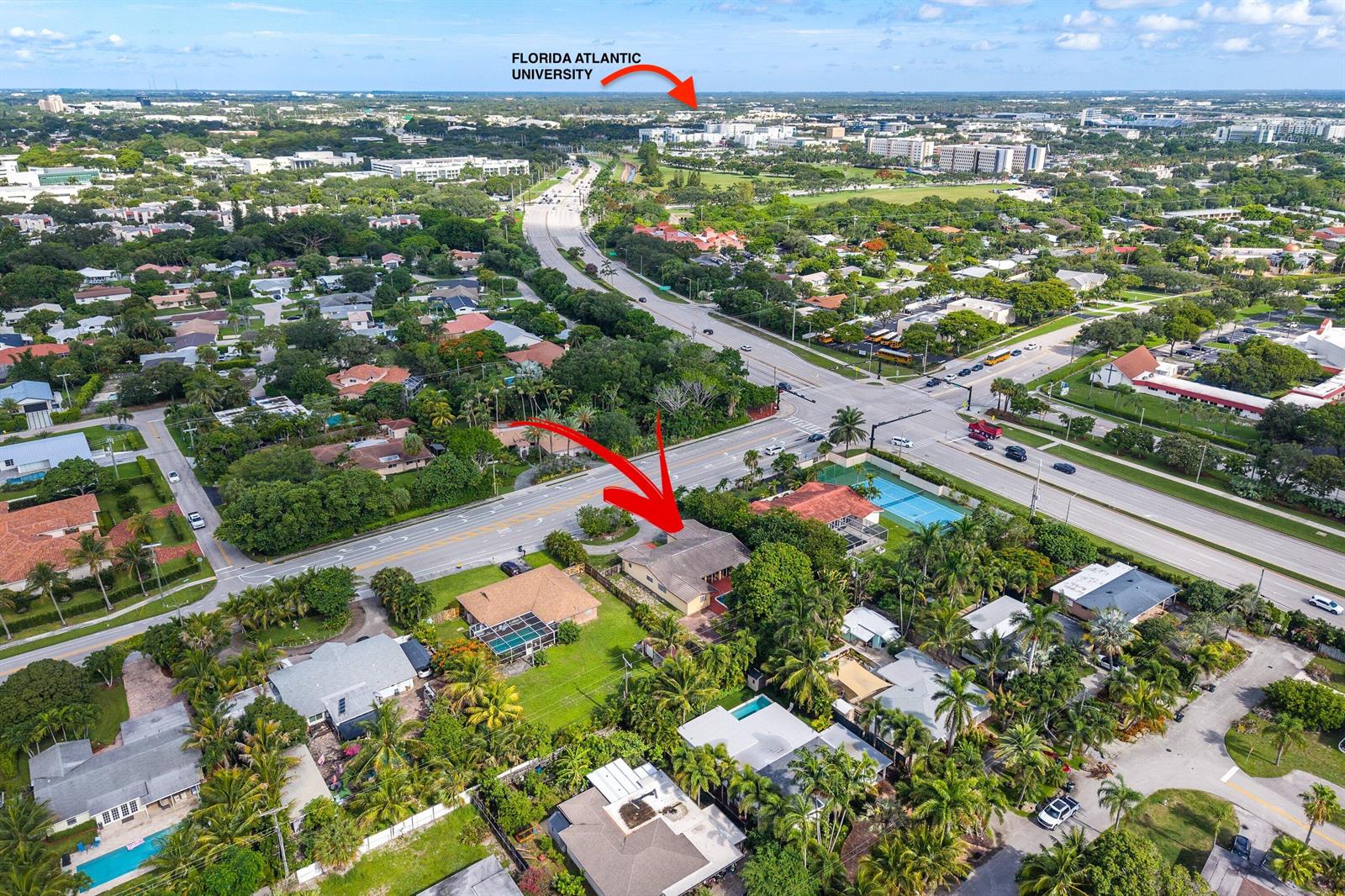 An aerial view shows a residential neighborhood with a house highlighted by a red arrow — 1200 NW 4TH Avenue, Boca Raton FL 33432, BOCA RATON, FL