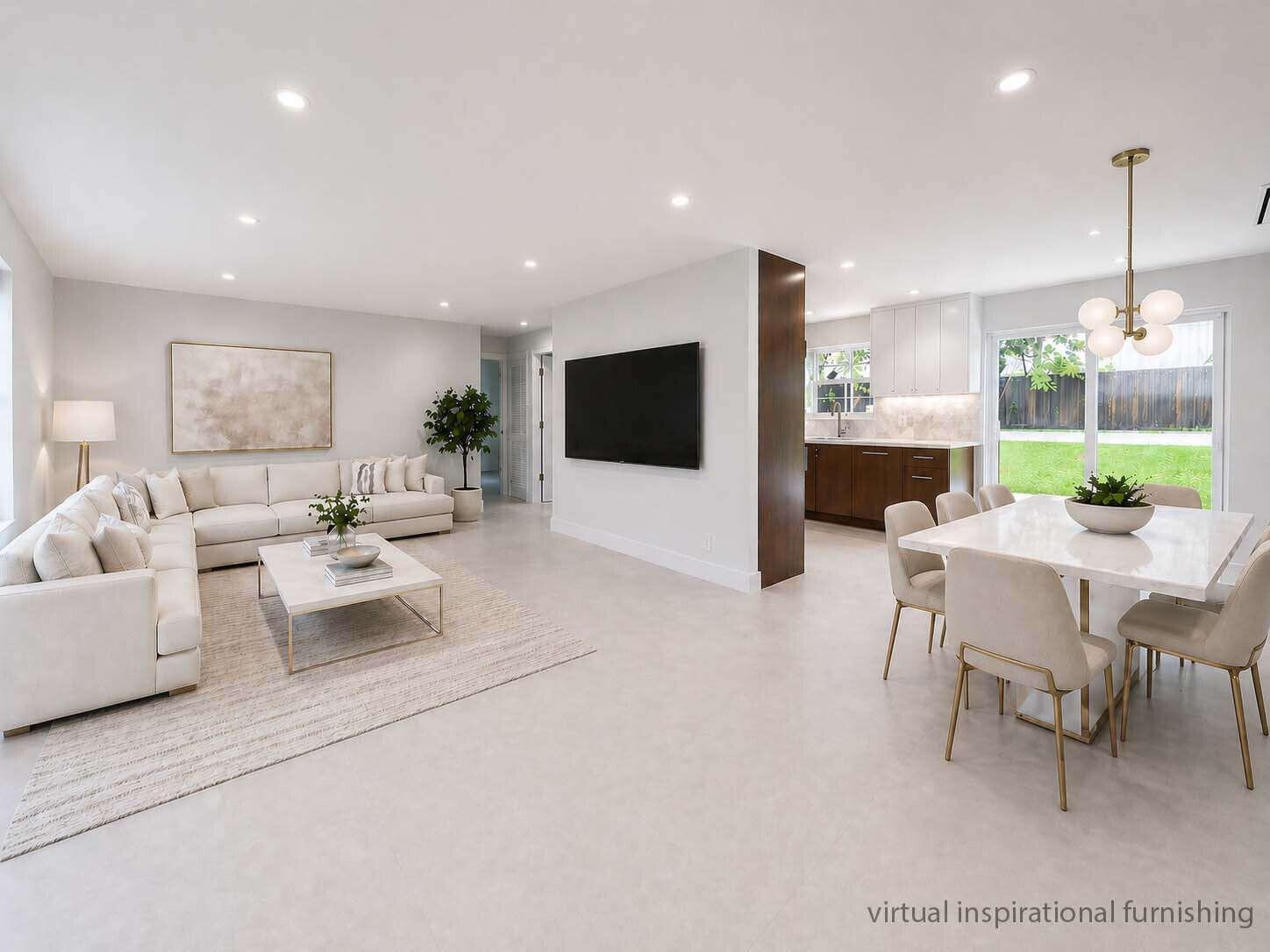 This is a virtual rendering of an open-concept living and dining area with modern finishes — 236 SE 3rd Avenue, Delray Beach FL 33483, DELRAY BEACH, FL