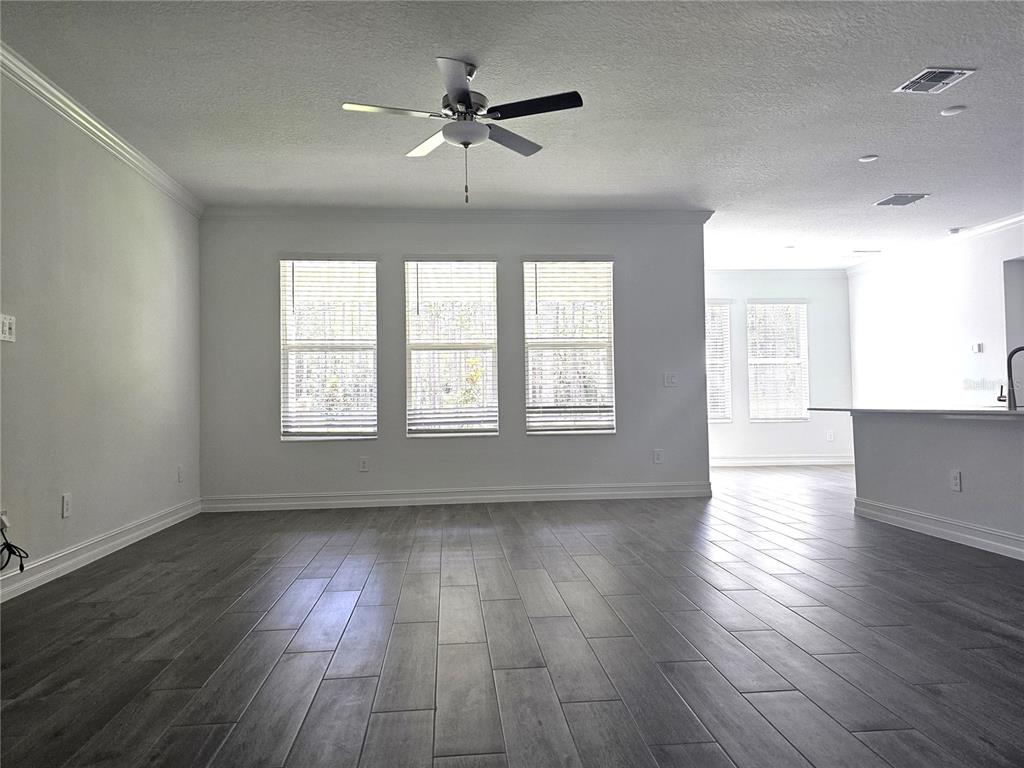 An open-concept living area features gray wood-look tile flooring, white walls, and a ceiling fan — 18271 PEARL VIEW PLACE, LUTZ, FL