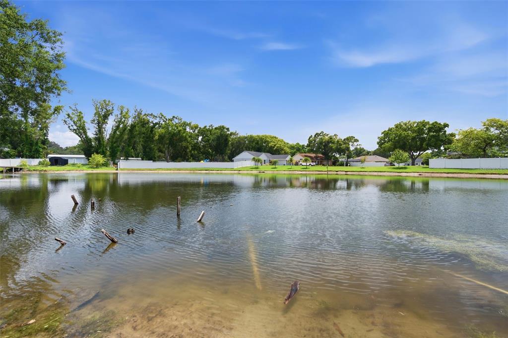 A view of a pond with wooden posts in the water and houses in the background — 15806 PENNINGTON ROAD, TAMPA, FL