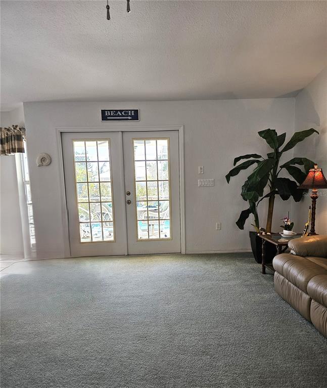A living room features carpeted flooring, a set of French doors, and a potted plant — 15001 APPLETON BLVD, PORT CHARLOTTE, FL