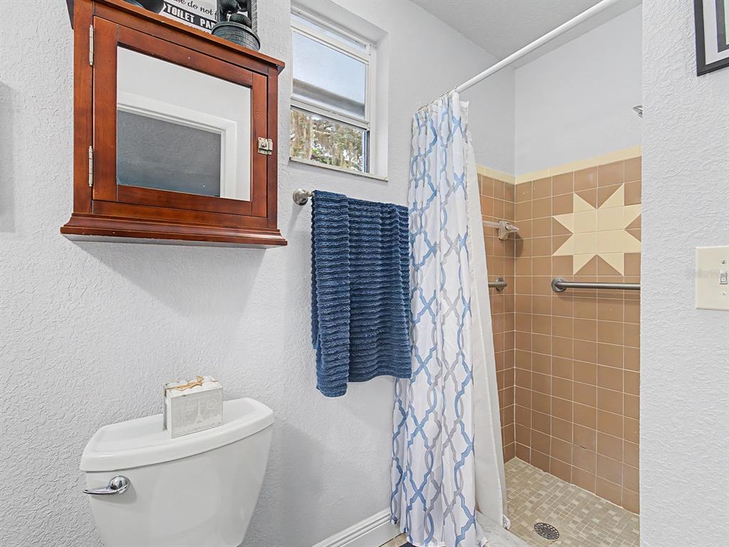 A bathroom featuring a toilet, a wooden medicine cabinet, and a tiled walk-in shower — 197 ROSEDALE AVENUE, SPRING HILL, FL