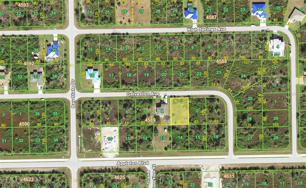 This is a map showing a residential subdivision with highlighted land parcels — 13409 GALVESTON AVENUE, PORT CHARLOTTE, FL