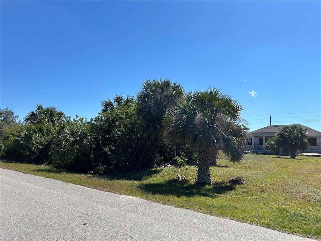 A paved road runs alongside a grassy lot with palm trees and a nearby house — 13409 GALVESTON AVENUE, PORT CHARLOTTE, FL
