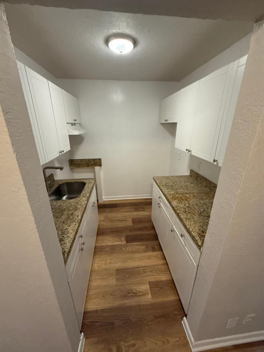 A galley kitchen features white cabinets, granite countertops, a stainless steel sink, and wood-look flooring — 717 NE 10th Avenue # 06, Boynton Beach FL 33435, BOYNTON BEACH, FL
