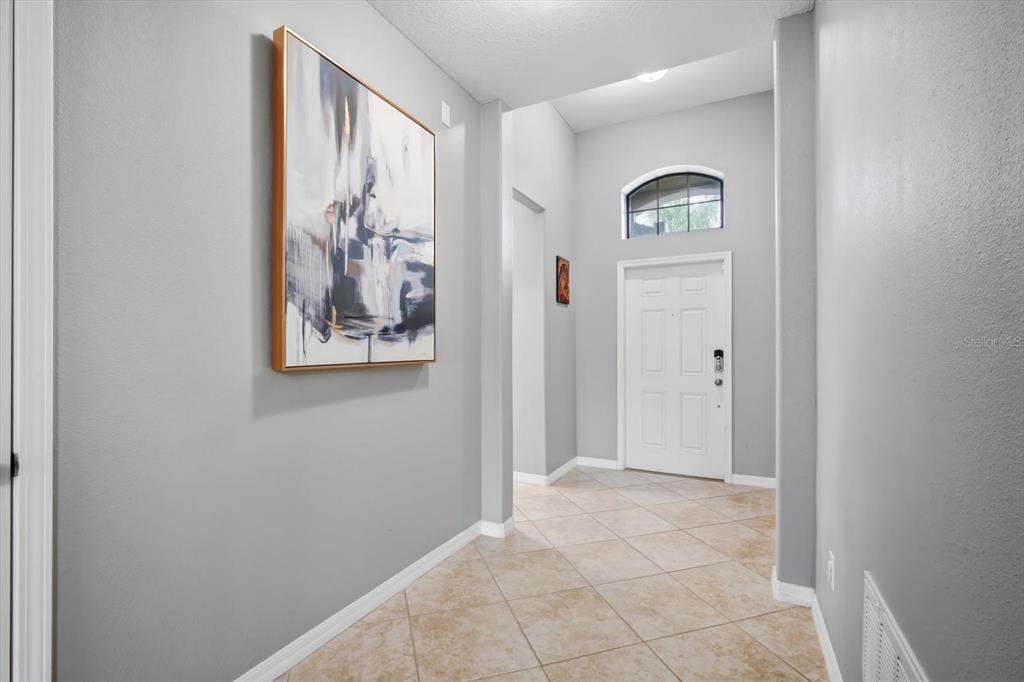 A tiled entryway features gray walls, a white front door, and a large abstract painting — 11604 SUNBURST MARBLE ROAD, RIVERVIEW, FL