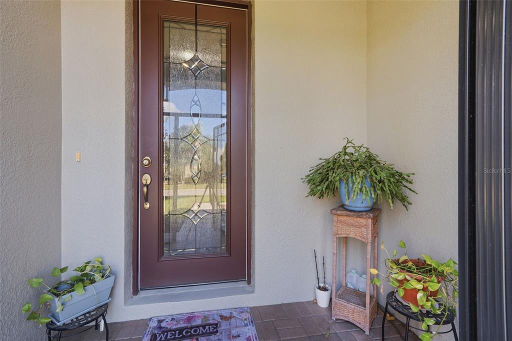 A brown front door with a glass insert sits on a porch with potted plants — 112 CASTELLON COURT, DAVENPORT, FL