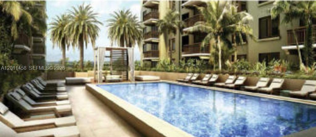 This is a rendering of a rectangular swimming pool surrounded by lounge chairs and palm trees — 301 Altara Ave # 805, Coral Gables FL 33146, CORAL GABLES, FL