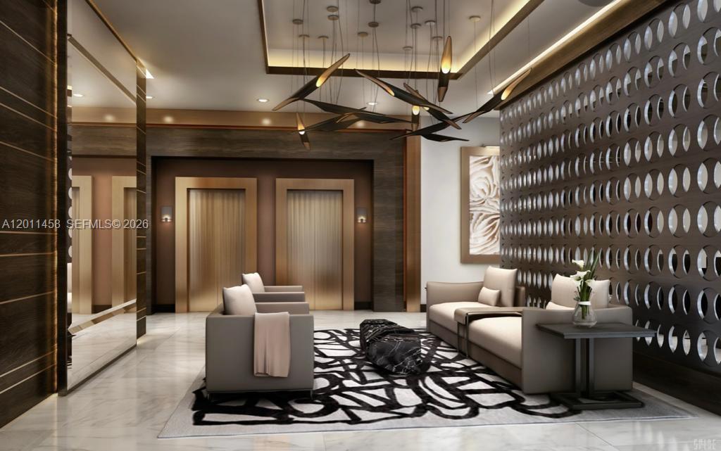 This rendering shows a modern lobby with two elevators, neutral seating, and a decorative wall — 301 Altara Ave # 805, Coral Gables FL 33146, CORAL GABLES, FL