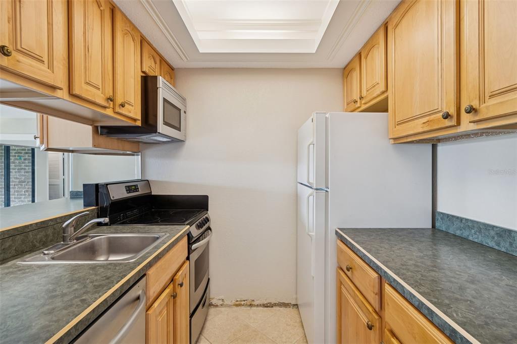A galley kitchen features light wood cabinets, green laminate countertops, and white appliances — 36750 US 19 N UNIT 22207, PALM HARBOR, FL