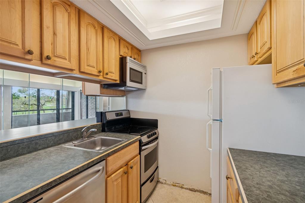 A kitchen features light wood cabinets, dark countertops, stainless steel appliances, and a white refrigerator — 36750 US 19 N UNIT 22207, PALM HARBOR, FL