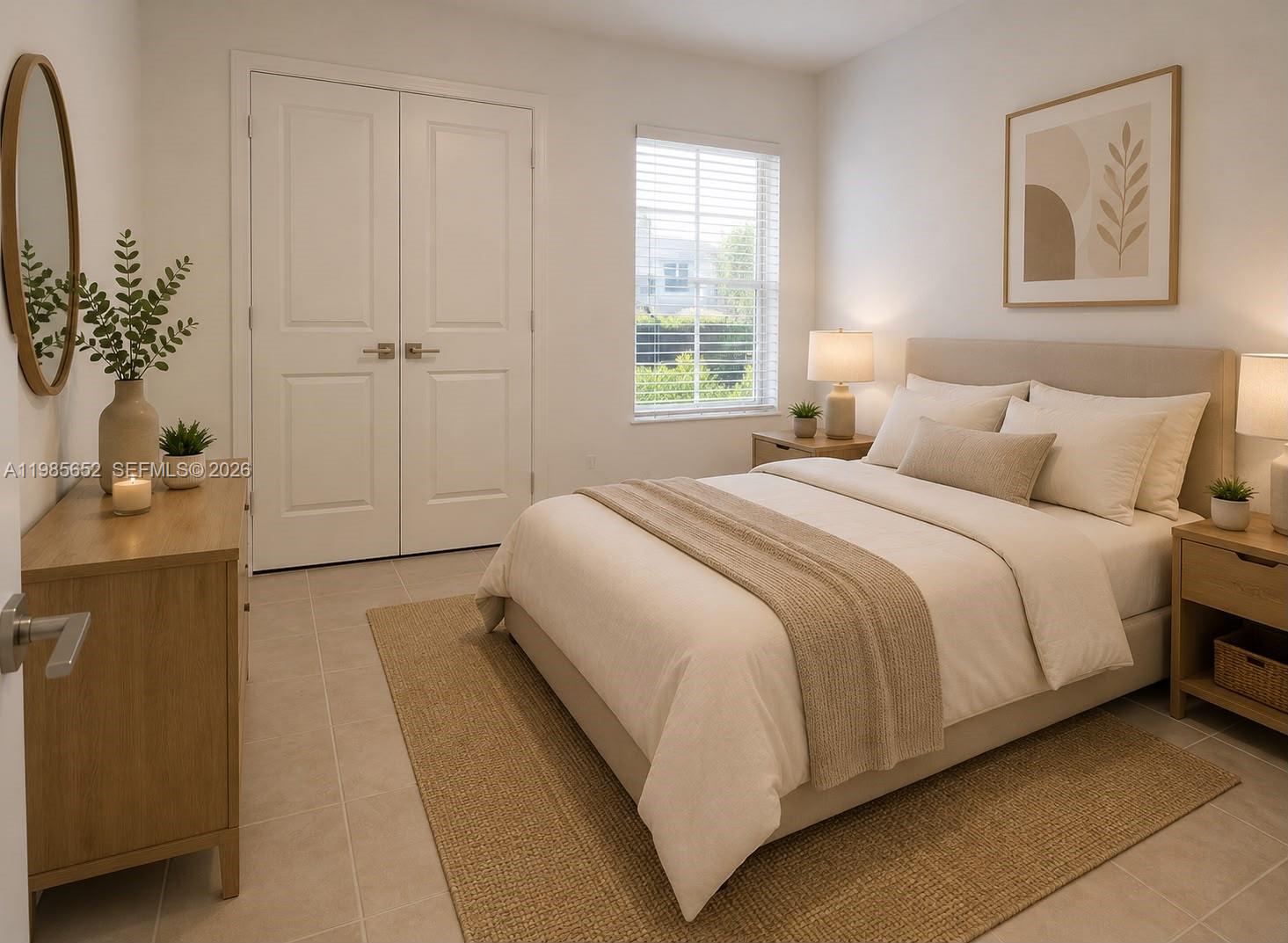 A bedroom features a bed with neutral bedding, a wooden dresser, and a window — 495 NE 5th Ln, Florida City FL 33034, FLORIDA CITY, FL