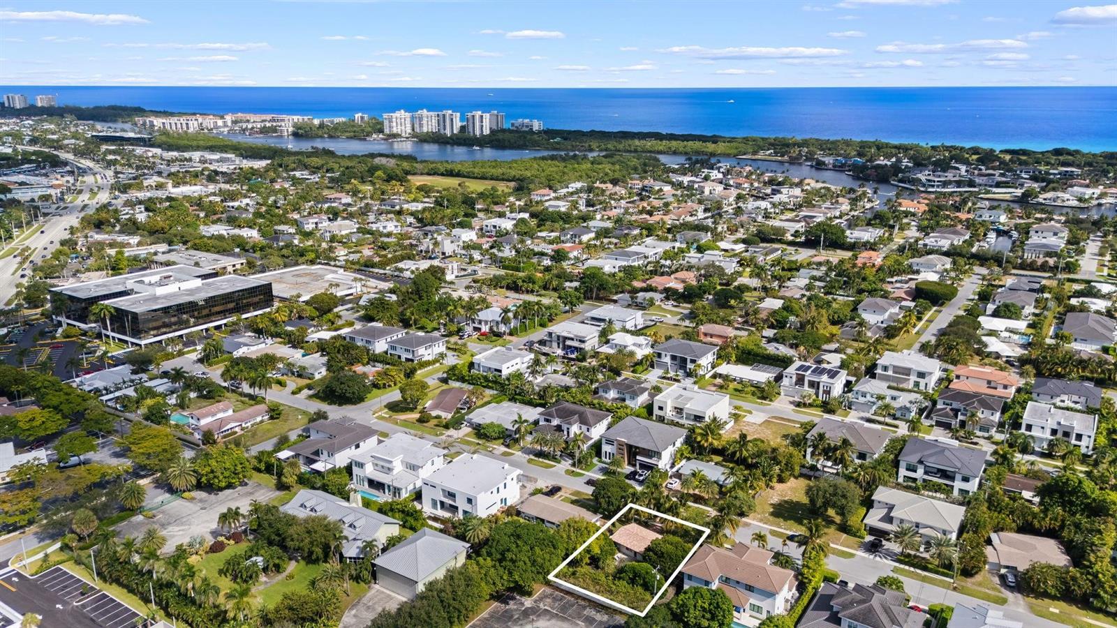 An aerial view shows a residential neighborhood with a highlighted house near the coast — 1001 NE 2nd Terrace, Boca Raton FL 33432, BOCA RATON, FL