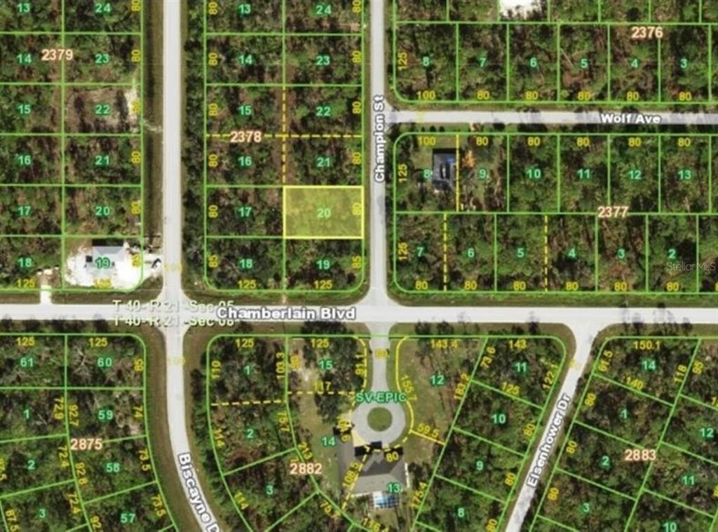 This is a satellite map showing residential land parcels and street layouts — 509 CHAMPION STREET, PORT CHARLOTTE, FL
