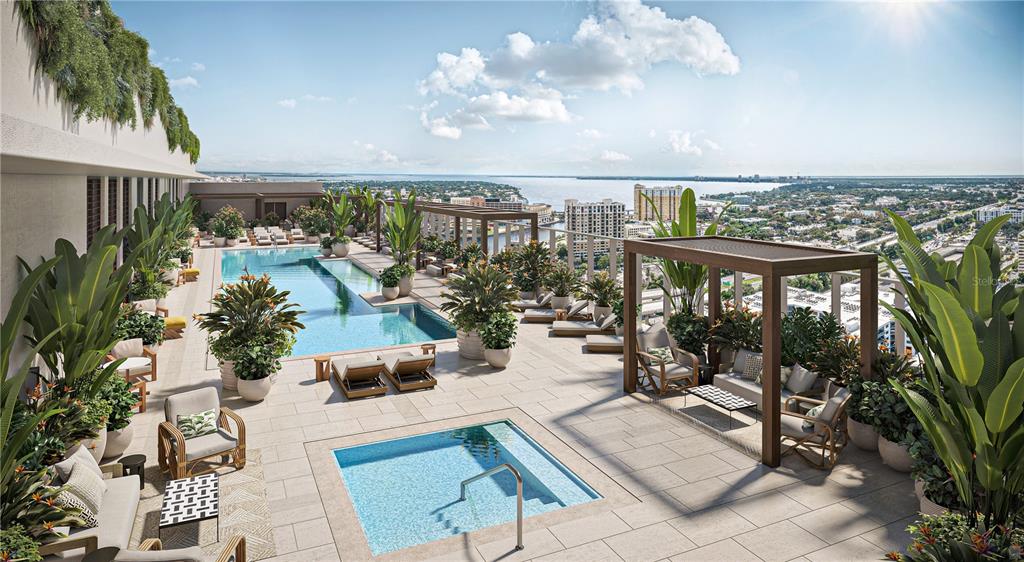 This architectural rendering shows a rooftop terrace with a swimming pool, hot tub, and seating — 111 S ASHLEY DRIVE UNIT 1501, TAMPA, FL