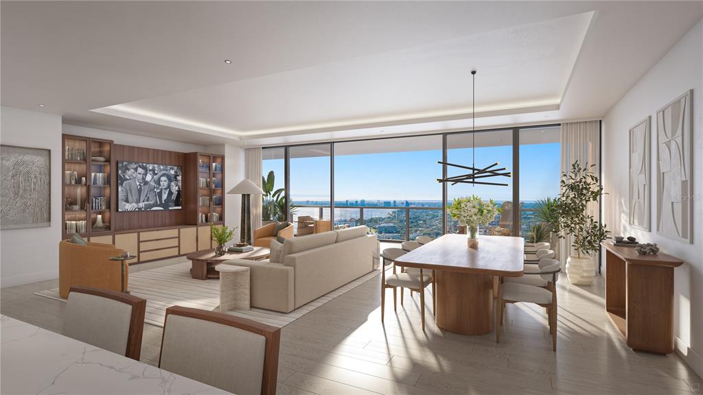 This rendering shows a modern open-concept living and dining area with floor-to-ceiling windows — 111 S ASHLEY DRIVE UNIT 1501, TAMPA, FL