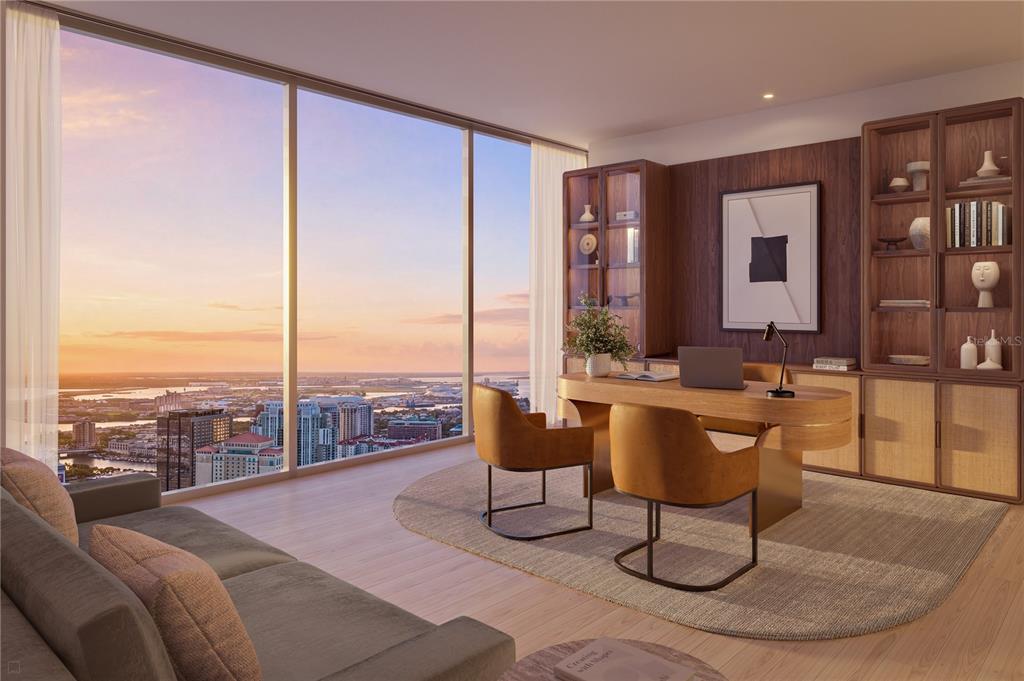 This rendering shows a modern home office with floor-to-ceiling windows overlooking a city skyline — 111 S ASHLEY DRIVE UNIT 1501, TAMPA, FL