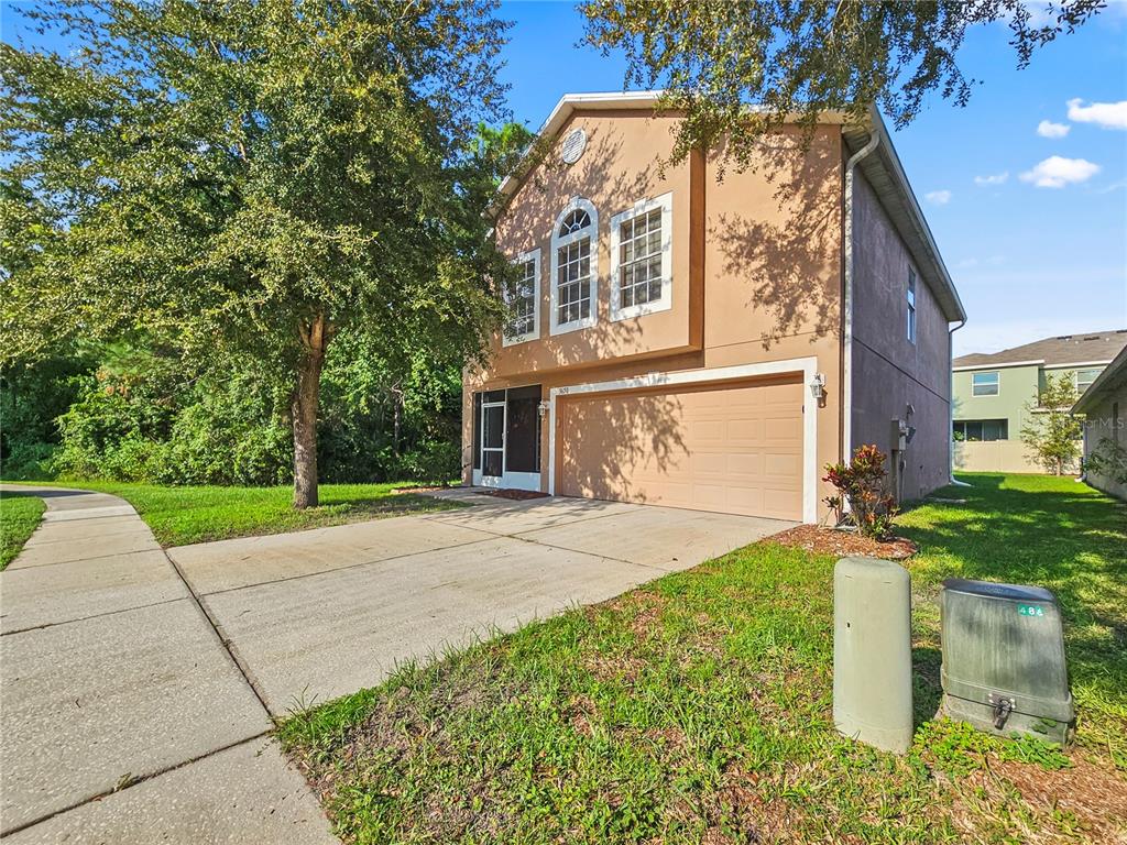 A two-story tan stucco house with a two-car garage and a concrete driveway — 3650 FYFIELD COURT, LAND O LAKES, FL