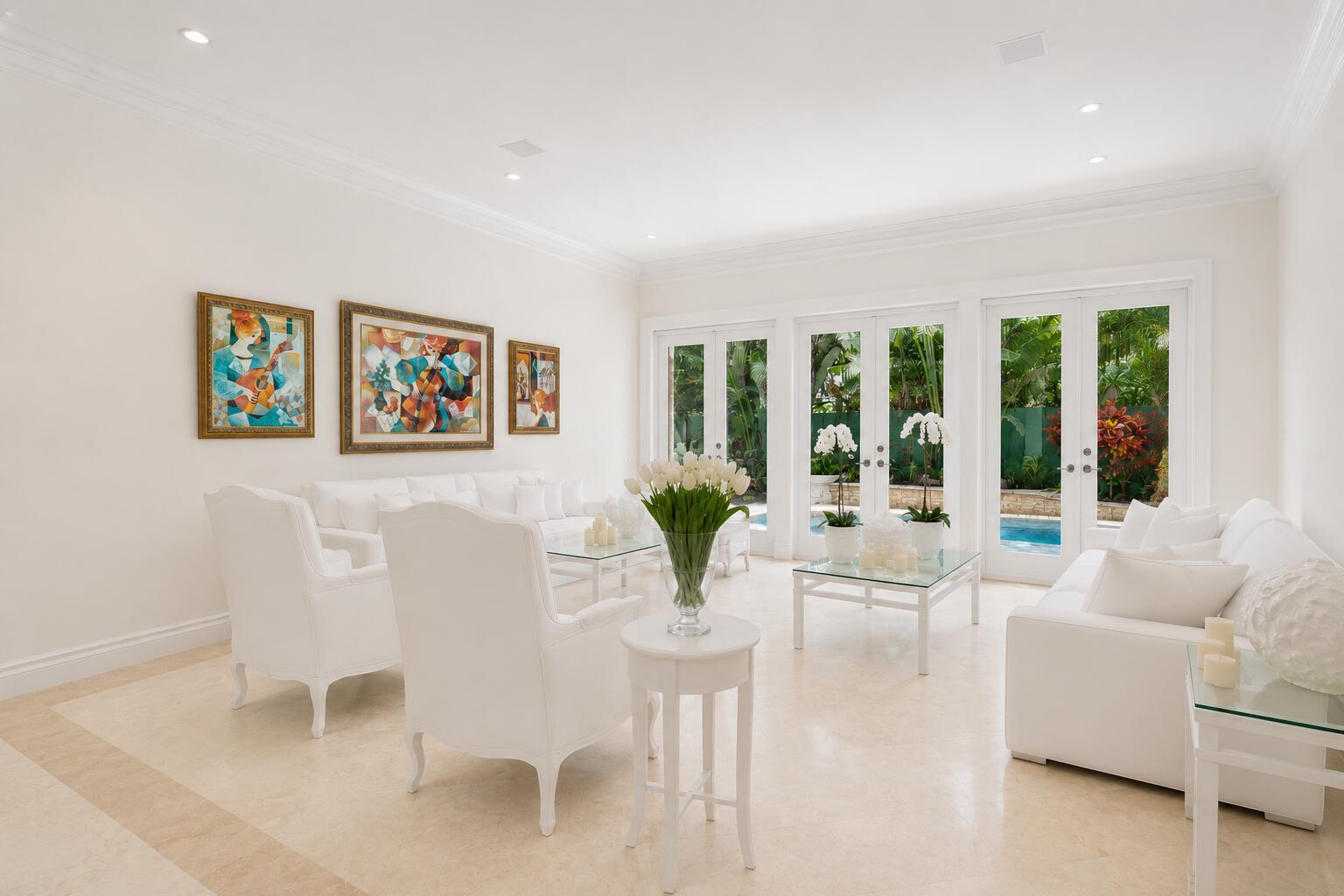 A bright white living room features modern furniture, abstract artwork, and glass doors overlooking a pool — 286 Jamaica Lane, Palm Beach FL 33480, PALM BEACH, FL