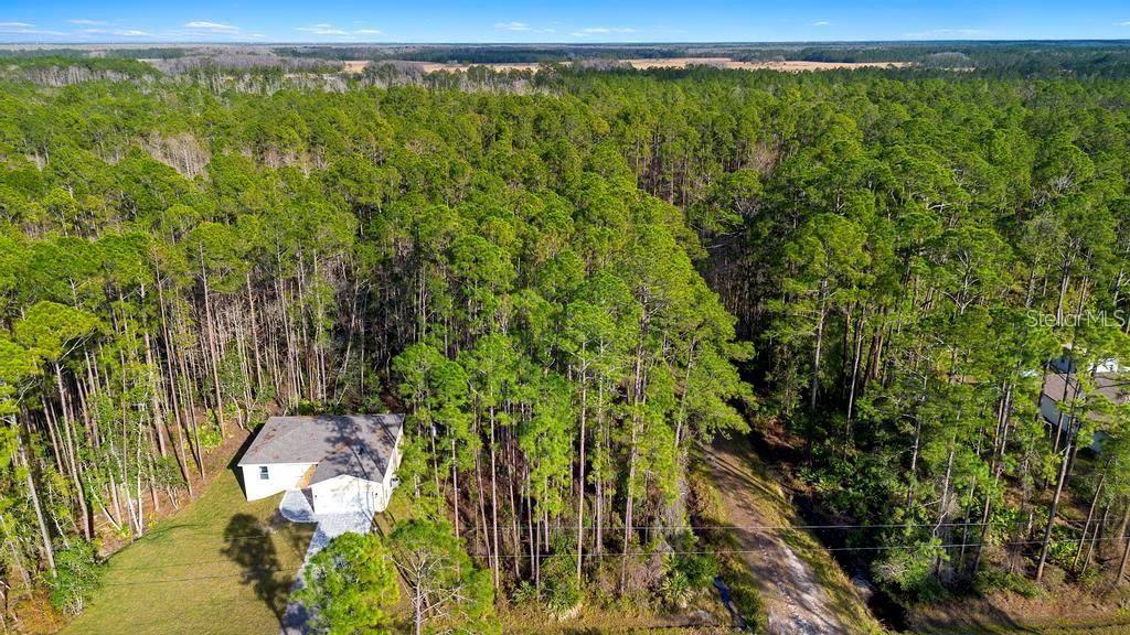 An aerial view shows a house surrounded by a dense forest and a dirt road — EAST PARKWAY, DELAND, FL